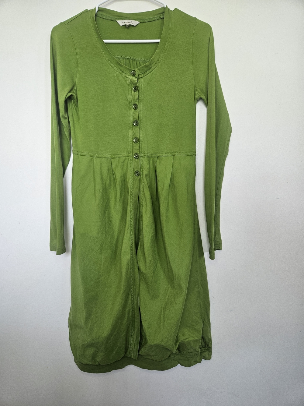 SANDWICH_ Green Long Sleeve Henley Knit Dress Bubble Hem Size S Casual Comfort
